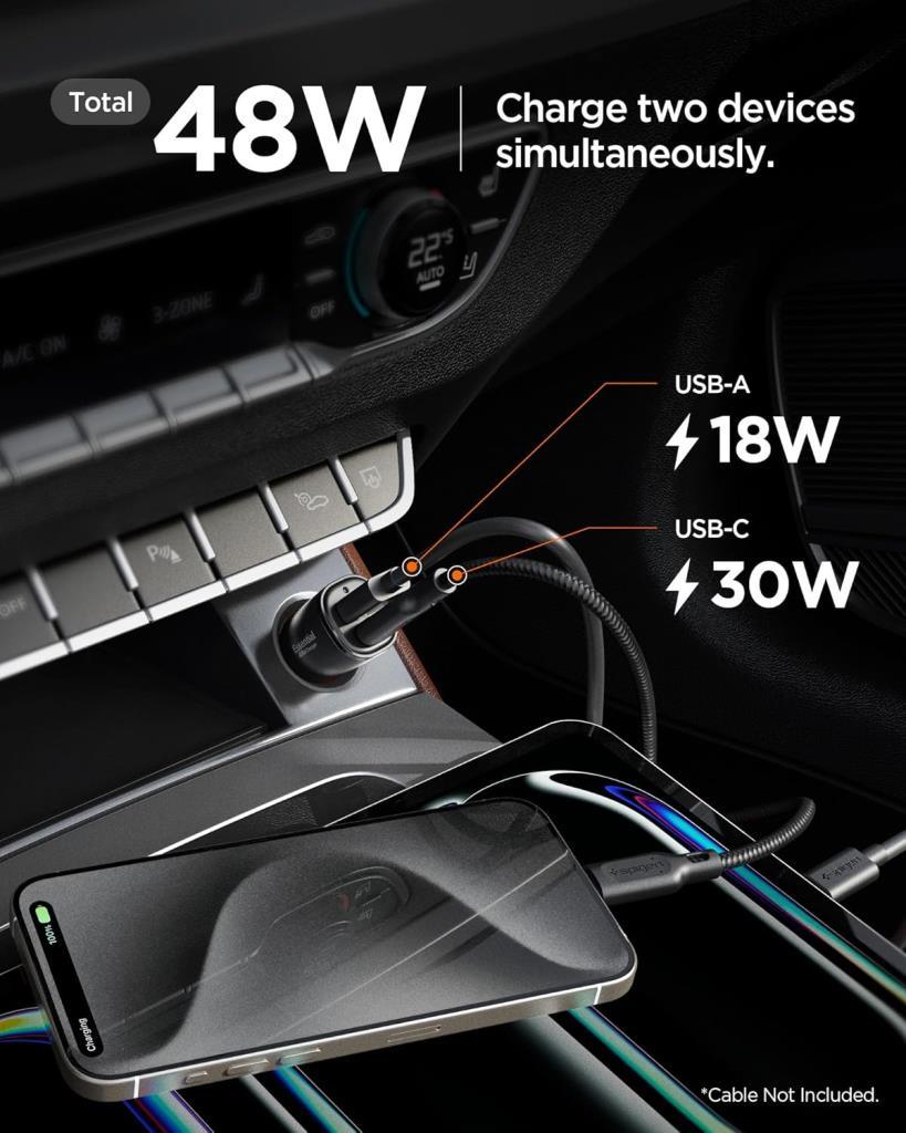 Spigen 48W USB-C 2 Port Araç içi Hızlı Şarj Aleti Samsung PPS Destekli Akım Korumalı Güç Adaptörü Çakmaklık iPhone & Android & iPad Type-C PD 3.0 30W + QC 3.0 18W - OUTLET