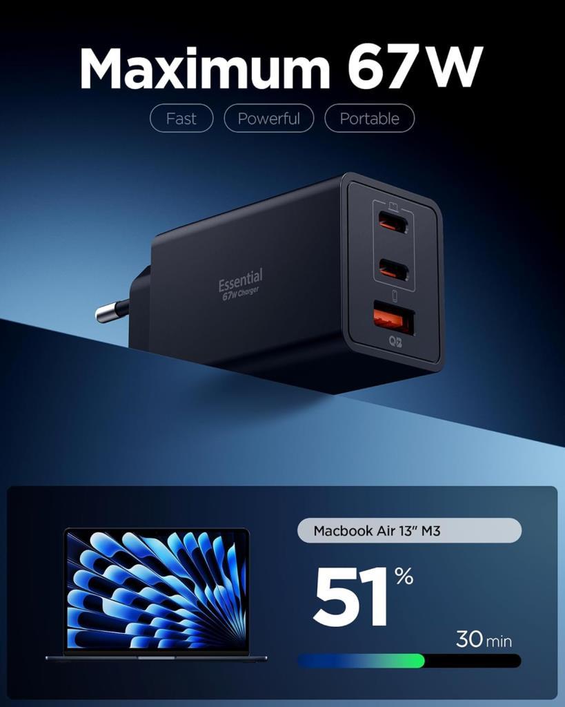 Spigen ACH09458 67 W Siyah Hızlı Şarj Adaptörü - OUTLET