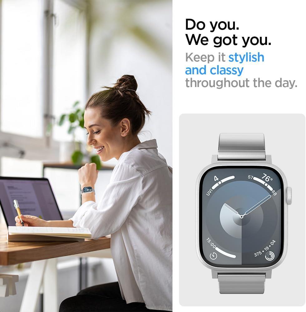Spigen Apple Watch 49/46/45mm Ultra 3/2/1 / Seri 11/10/9/8/7 ile Uyumlu Kordon Band Sleek Link İnce Baklalı Çelik Gümüş Kayış - AMP07224 (Spigen TR Garantili) Silver - Teşhir
