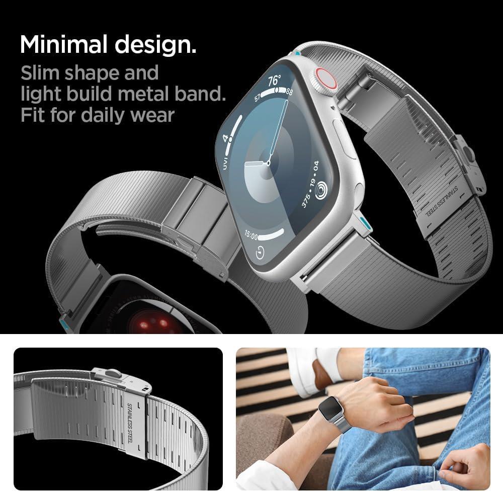 Spigen Apple Watch 49/46/45mm Ultra 3/2/1 / Seri 11/10/9/8/7 ile Uyumlu Kordon Band Sleek Link İnce Baklalı Çelik Gümüş Kayış - AMP07224 (Spigen TR Garantili) Silver - Teşhir