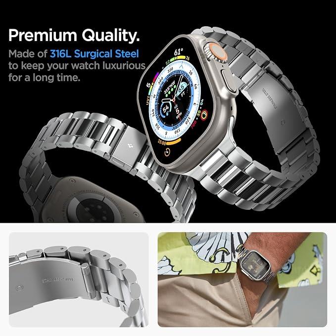Spigen Apple Watch 49/46/45mm Ultra 3/2/1 / Seri 11/10/9/8/7 ile Uyumlu Kordon Band Modern Fit Klasik Saat Tipi Çelik Gümüş Kayış AMP06356 - Silver