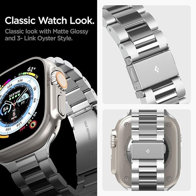 Spigen Apple Watch 49/46/45mm Ultra 3/2/1 / Seri 11/10/9/8/7 ile Uyumlu Kordon Band Modern Fit Klasik Saat Tipi Çelik Gümüş Kayış AMP06356 - Silver