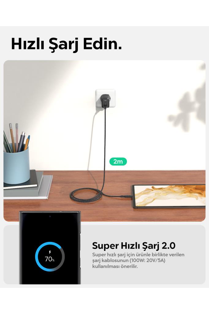 Spigen 65W USB-C Hızlı Şarj Aleti + 2m Şarj Kablo Samsung PPS 2.0 GaN Super Hızlı Type-C Black - ACH05475 Outlet