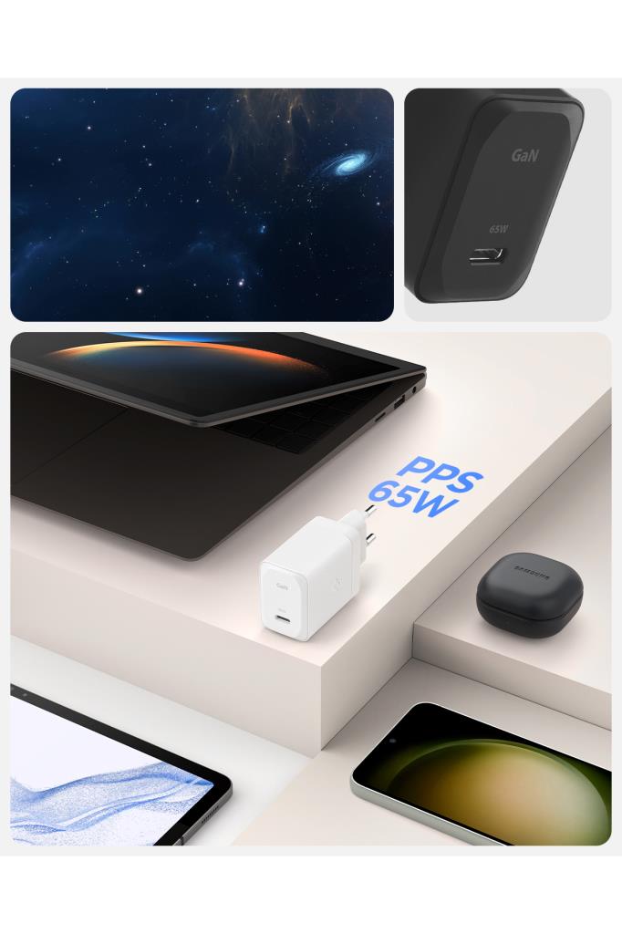 Spigen 65W USB-C Hızlı Şarj Aleti + 2m Şarj Kablo Samsung PPS 2.0 GaN Super Hızlı Type-C Black - ACH05475 Outlet
