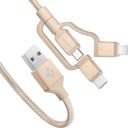 Spigen Essential 3in1 Lightning + USB-C + Micro USB Dayanıklı Naylon Örgü Hızlı Şarj ve Data Kablo MFI Lisanslı (1.5 Metre) C10i3 Gold - 000CB23018 - Teşhir