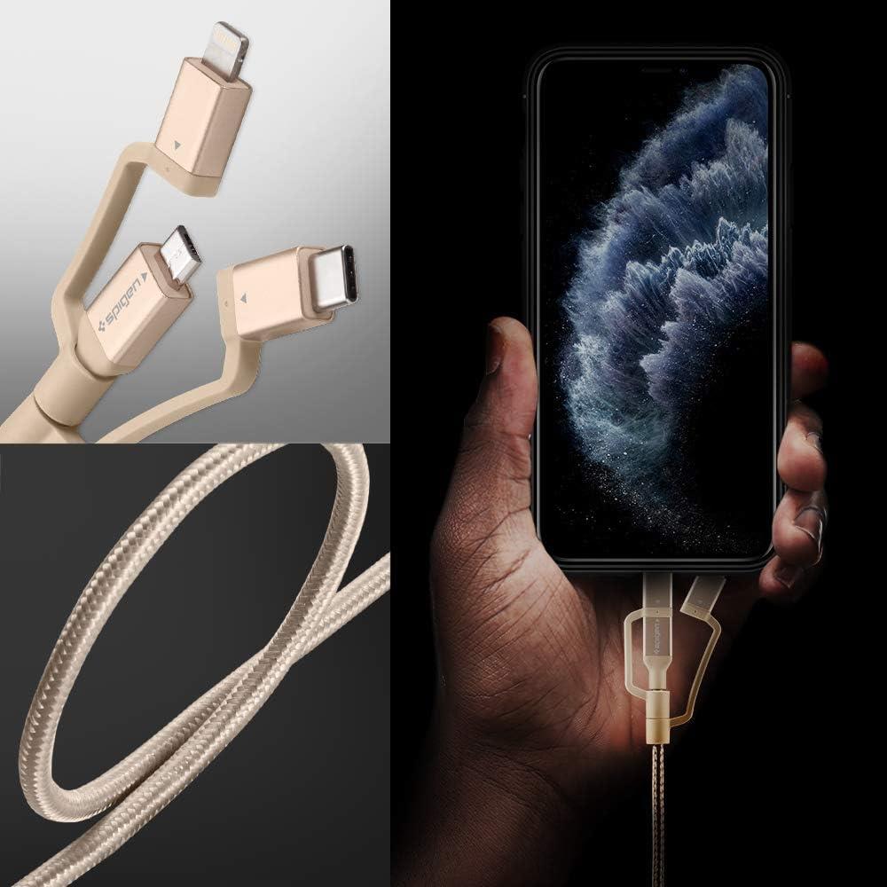Spigen Essential 3in1 Lightning + USB-C + Micro USB Dayanıklı Naylon Örgü Hızlı Şarj ve Data Kablo MFI Lisanslı (1.5 Metre) C10i3 Gold - 000CB23018 - Teşhir