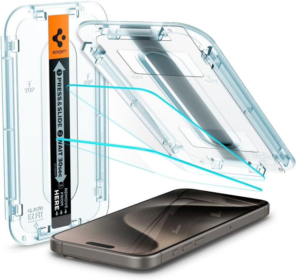 Spigen iPhone 15 Pro Max Cam Ekran Koruyucu Kolay Kurulum Glas.tR EZ Fit Slim HD (2 Adet) - AGL06872