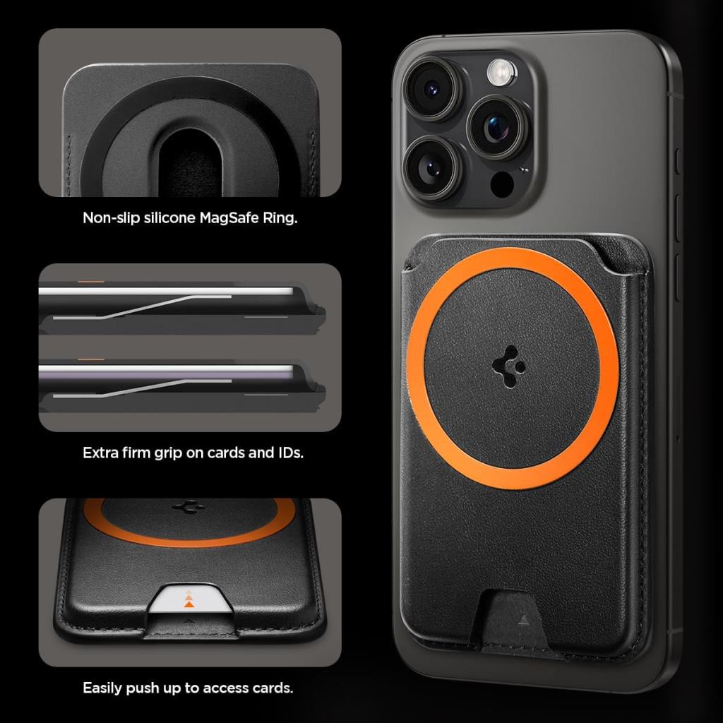 Spigen MagFit iPhone için MagSafe özellikli 3 Kartlı Manyetik Cüzdan Valentinus MagFit+ Wallet Black - TEŞHİR