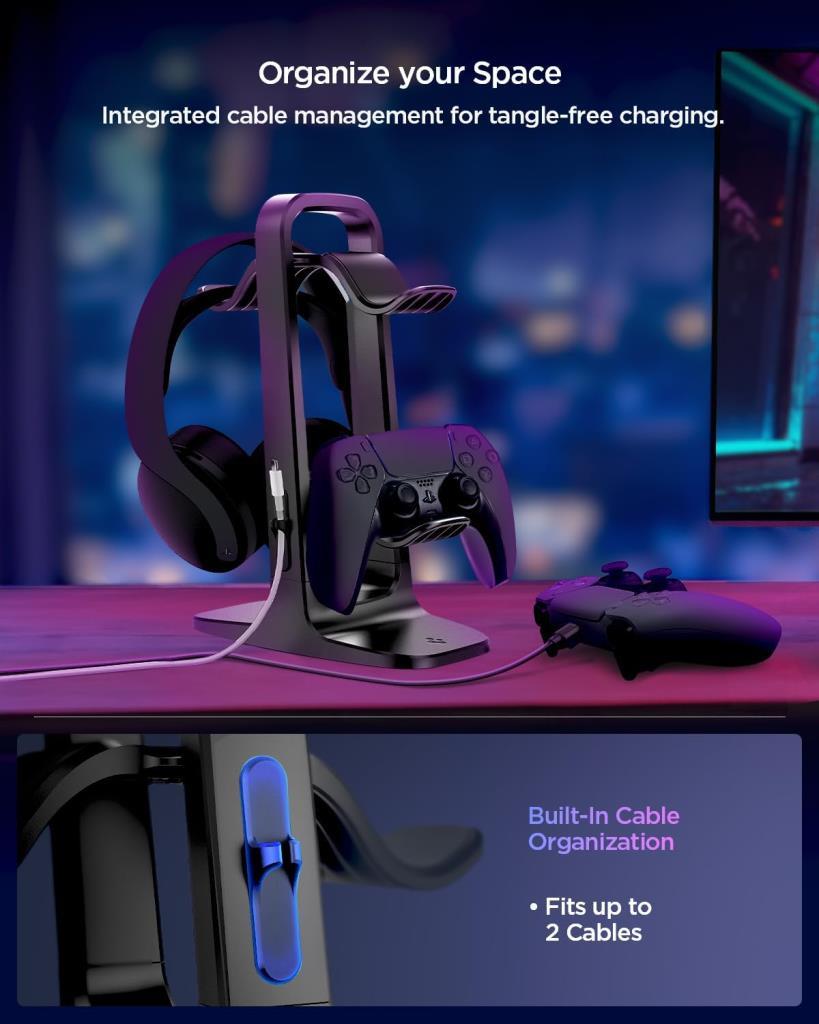 Spigen Oyun Kolu & Kulaklık Standı / Kablo Düzenleyici Gamer Masaüstü Contoller Organizer Black VG400 - AMP07412 - OUTLET
