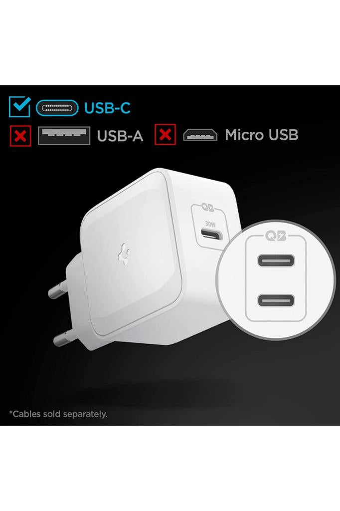 Spigen 30W GaN USB-C شاحن سريع لأجهزة iPhone و Android و iPad و MacBook Type-C PE2008 منفذ أبيض