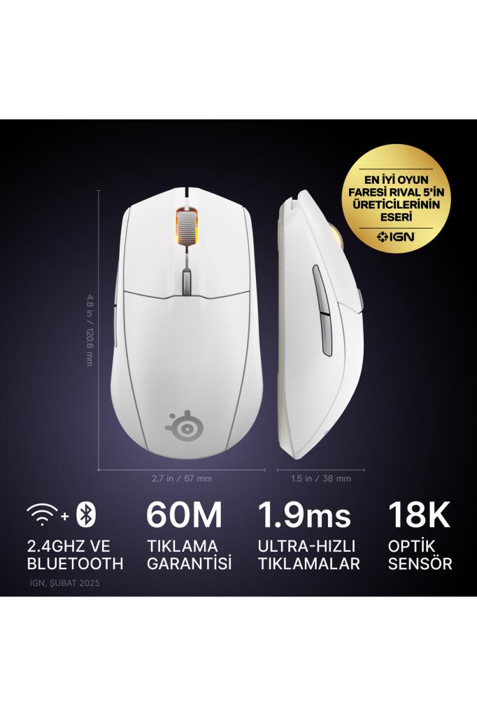 SteelSeries Rival 3 Gen 2 Beyaz RGB Optik Kablosuz Oyuncu Mouse Teşhir