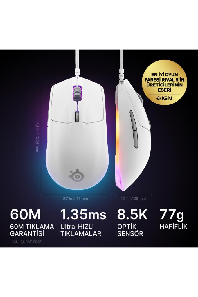 SteelSeries Rival 3 Gen 2 Beyaz RGB Optik Kablolu Oyuncu Mouse Teşhir