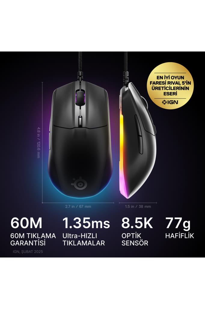 SteelSeries Rival 3 Gen 2 Siyah RGB Optik Kablolu Oyuncu Mouse Teşhir