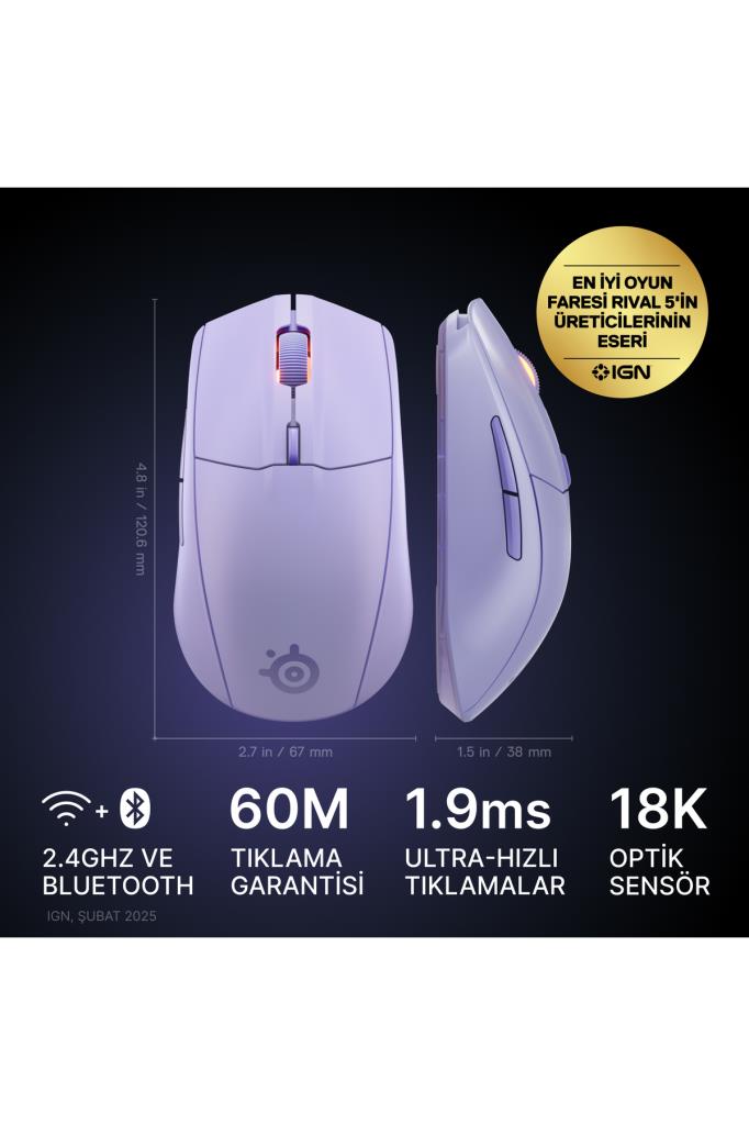 SteelSeries Rival 3 Gen 2 Lila RGB Optik Kablosuz Oyuncu Mouse Teşhir