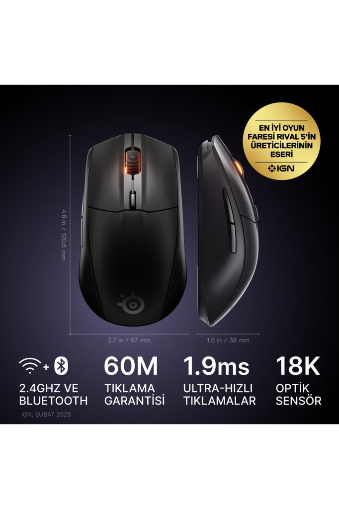 SteelSeries Rival 3 Gen 2 Siyah RGB Optik Kablosuz Oyuncu Mouse Teşhir
