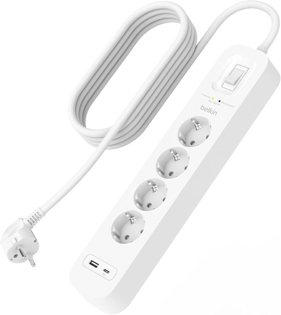 Belkin 4'lü çoklu priz, yüksek gerilim korumalı, duvara montaj, 4 priz, 2 m güç kablosu, yeşil ışıklı gösterge, hızlı şarj için USB C PD'li USB-C ve USB-A bağlantısı; 525 jul koruma - Teşhir
