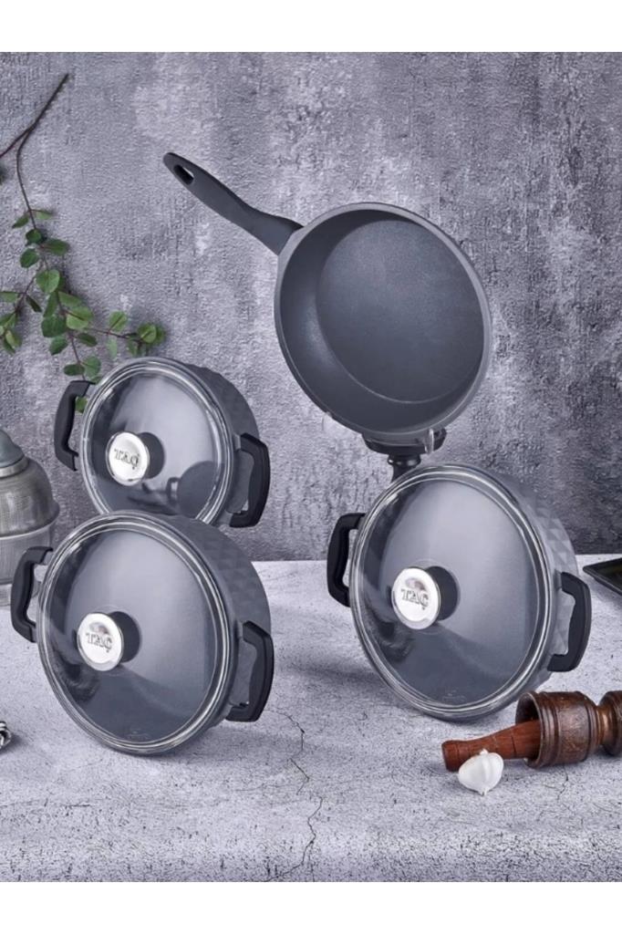 طقم أواني طهي تاك كارابيلا من 7 قطع من الزجاج الرمادي بغطاء من الستيل - مخرج
