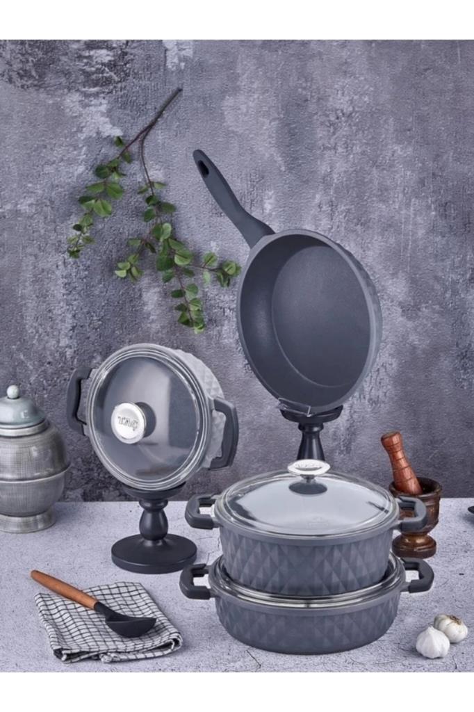 طقم أواني طهي تاك كارابيلا من 7 قطع من الزجاج الرمادي بغطاء من الستيل - مخرج