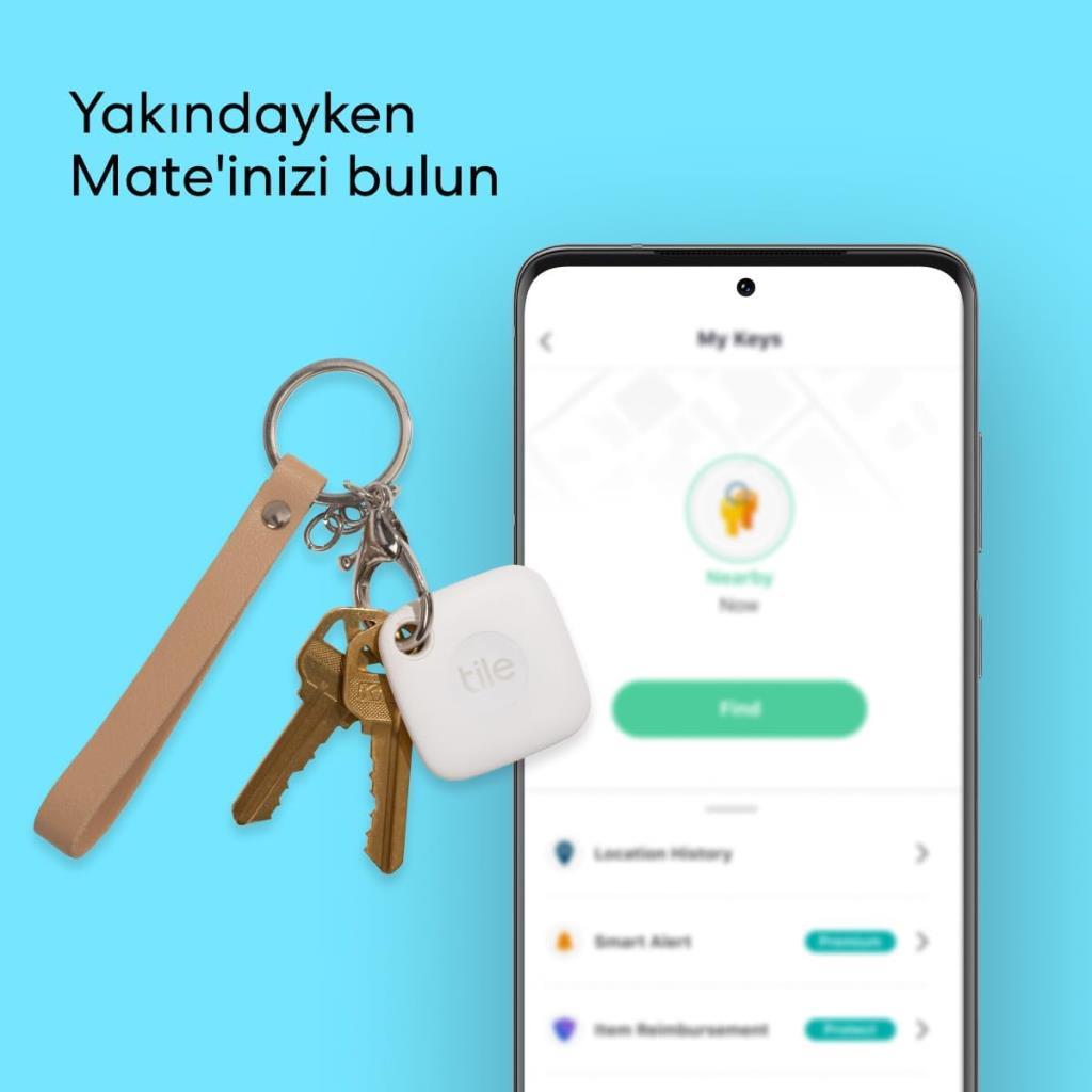 Tile Mate Smart Tag, Beyaz, Bluetooth Takip Cihazı - Anahtarlar, Çantalar, Evcil Hayvanlar için Eşya Bulucu, 76 Metre Mesafeye Kadar, Suya Dayanıklı, iOS ve Android Uyumlu