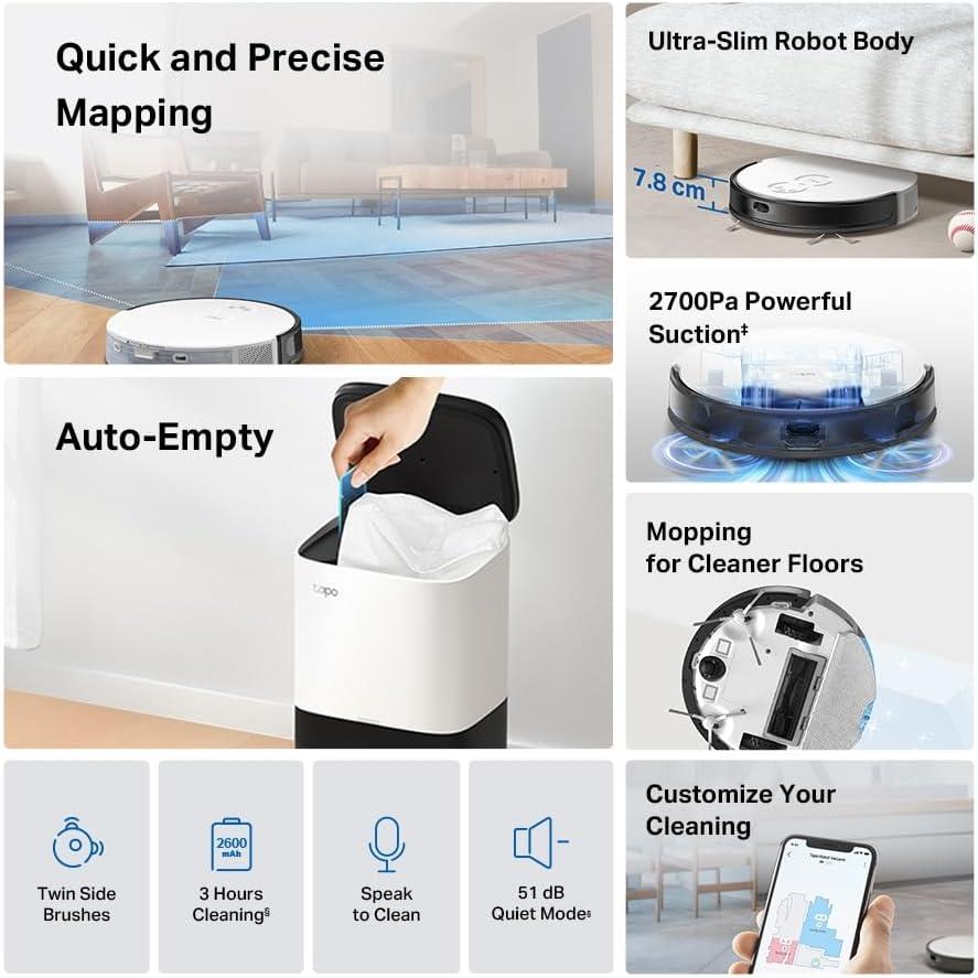 مكنسة كهربائية روبوتية ذكية من TP-Link Tapo RV20 Mop مزودة بمنفذ