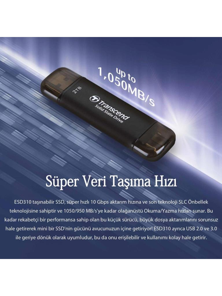 Transcend 2TB USB/Type-C 10Gbps Taşınabilir Harici SSD TS2TESD310C - Siyah SIFIR