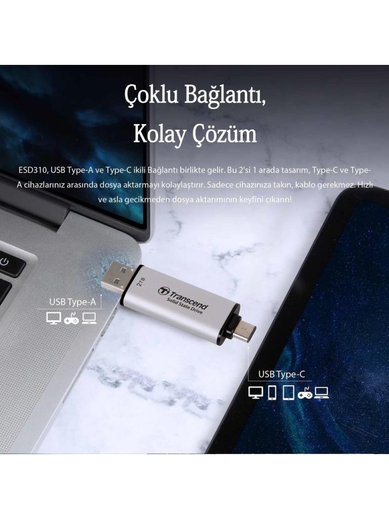 Transcend 2TB USB/Type-C 10Gbps Taşınabilir Harici SSD TS2TESD310C - Siyah SIFIR