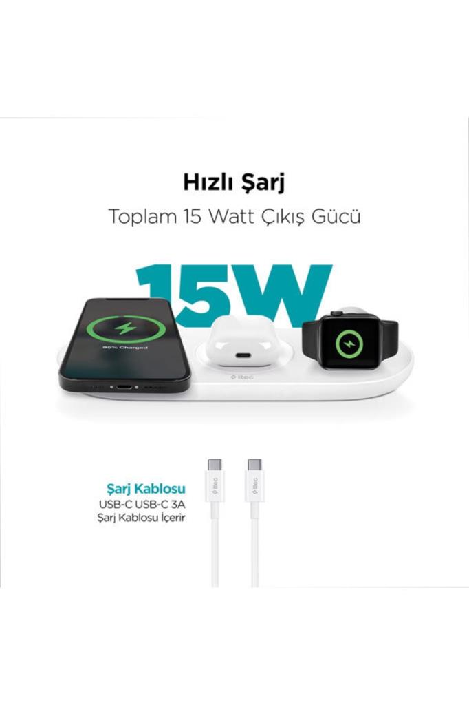 Ttec Aircharger Trio 3'ü 1 Arada iPhone Uyumlu + Apple Watch Uyumlu + Airpods Kablosuz Hızlı Şarj Aleti - Beyaz Teşhir