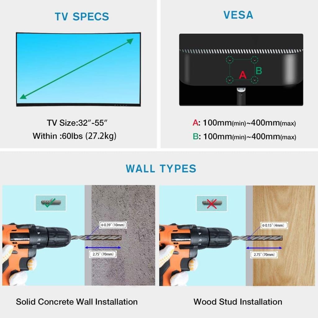 NorthBayou P4 - LCD LED TV duvar askısı, 32 inç - 55 inç televizyon maks. VESA 400 eğilebilir, 31,8 kg'a kadar döndürülebilir, ISO TUV GS - Outlet
