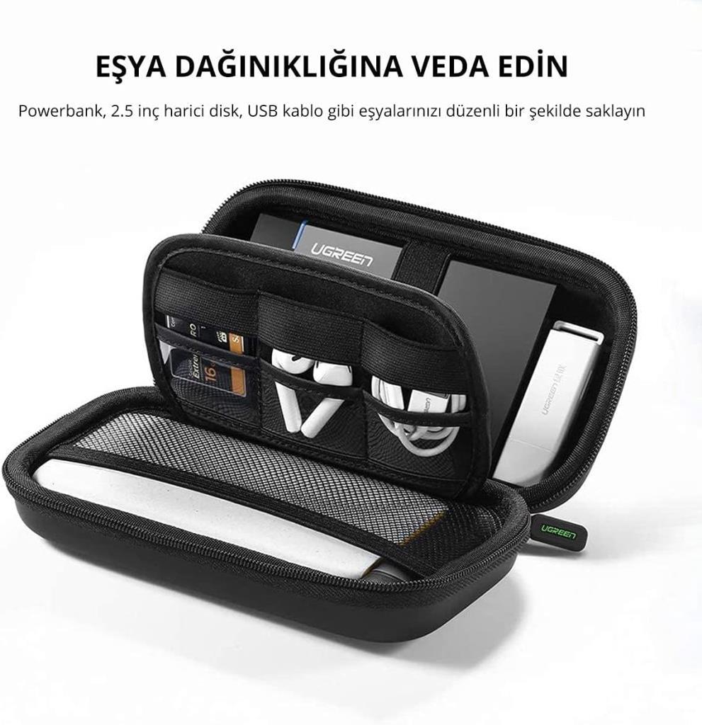 UGREEN 2.5 İnch Korumalı Hard Disk ve Powerbank Çantası EVA Malzeme ile Siyah Renkli Dayanıklı Tasarım