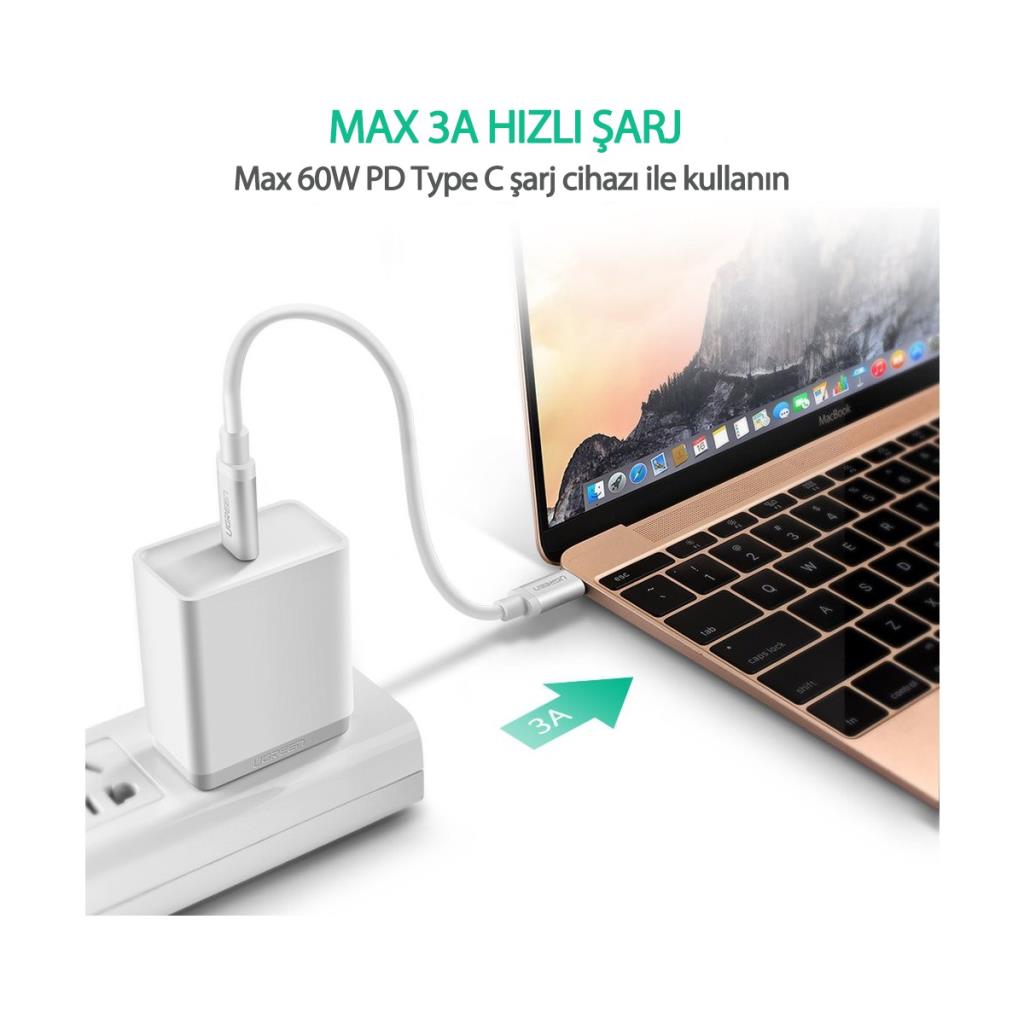 UGREEN 3.0 A, USB-C & USB-C Şarj ve Data Kablosu, 1 Metre, Beyaz