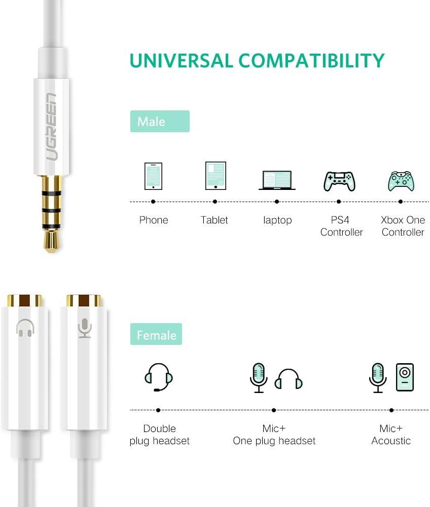 Ugreen Beyaz 3.5 mm Y Kablo Mikrofon ve Kulaklık Ayırıcı