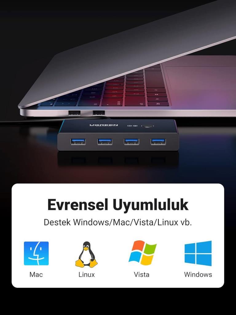Ugreen 4 Port USB PC Switch Paylaşım Adaptörü, Siyah Teşhir