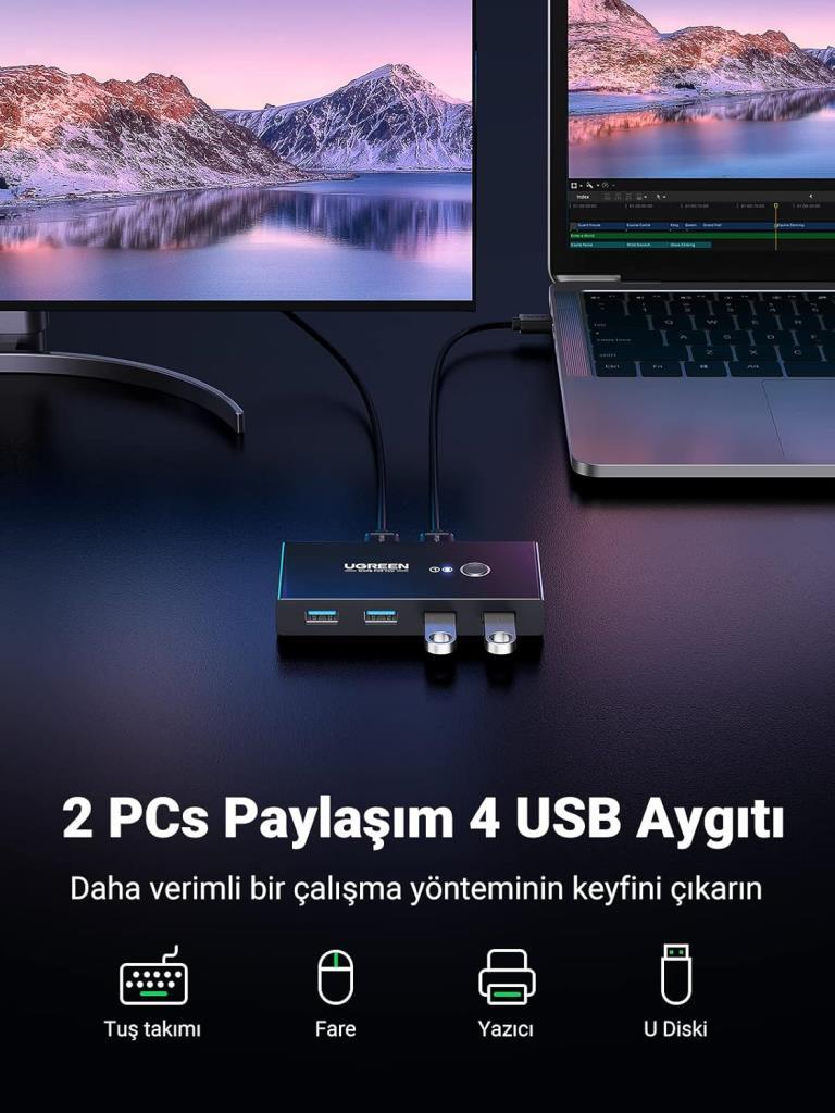 Ugreen 4 Port USB PC Switch Paylaşım Adaptörü, Siyah Teşhir