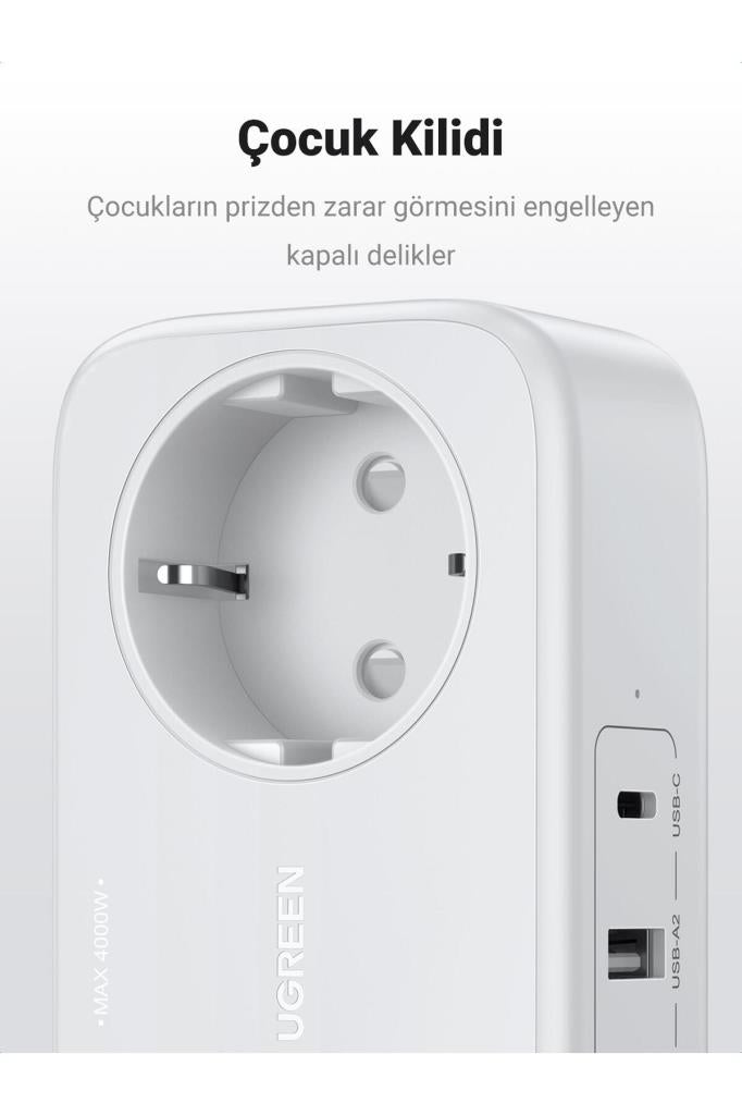 Ugreen Type-C USB Çıkışlı 2'li 1.8 m Akım Korumalı Priz Teşhir