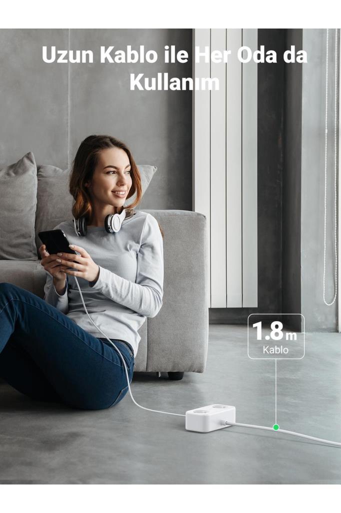 Ugreen Type-C USB Çıkışlı 2'li 1.8 m Akım Korumalı Priz Teşhir