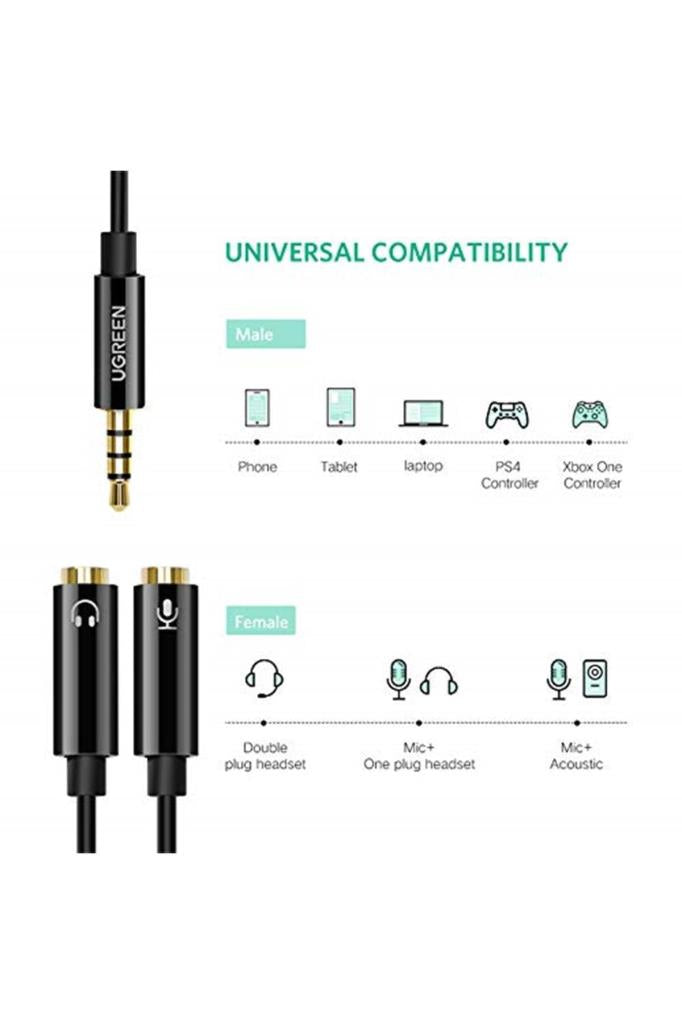 UGREEN Mikrofon ve Kulaklık Ayırıcı 3.5 mm Y Kablo Siyah