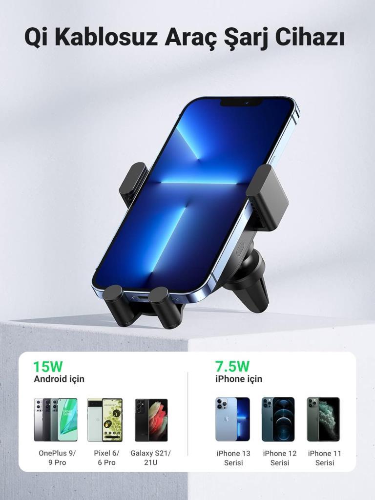 Ugreen 15w Kablosuz Şarj Destekli Araç Içi Sensörlü Otomatik Telefon Tutucu Outlet