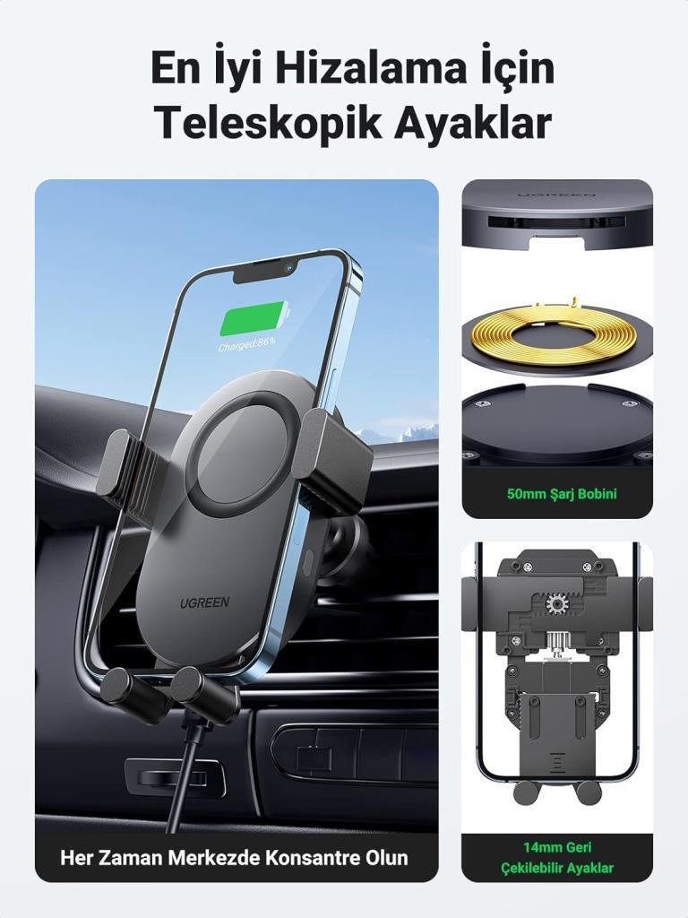 Ugreen 15w Kablosuz Şarj Destekli Araç Içi Sensörlü Otomatik Telefon Tutucu Outlet