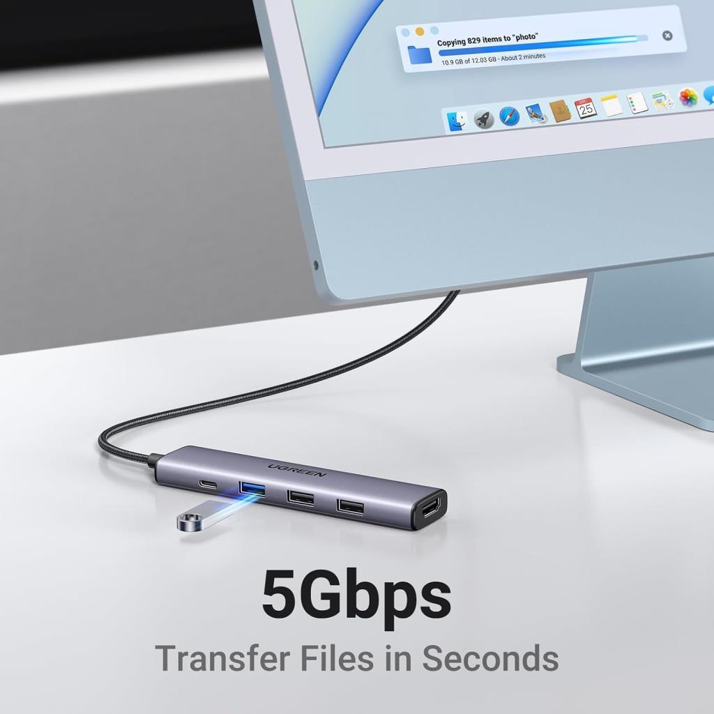 UGREEN Revedok 5 in 1 Type-C 3XUSB-A, USB-C, HDMI Usb-C Çoklayıcı Gri