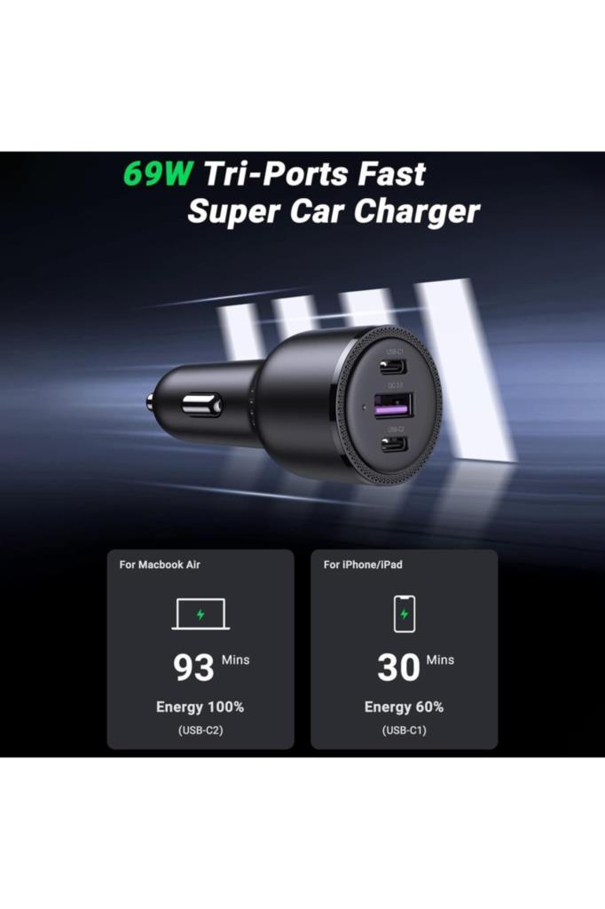 UGREEN Type-C PD & USB 69W Araç İçi 3 Portlu Hızlı Şarj Cihazı - TEŞHİR