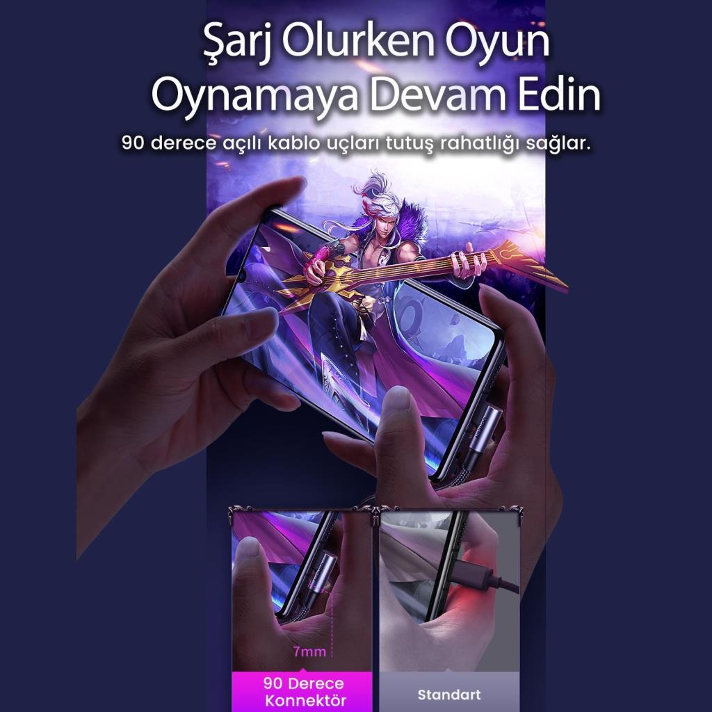 Ugreen Type-C to Type-C 100 W 5A Örgülü 90 Derece Şarj Kablosu 1 Metre