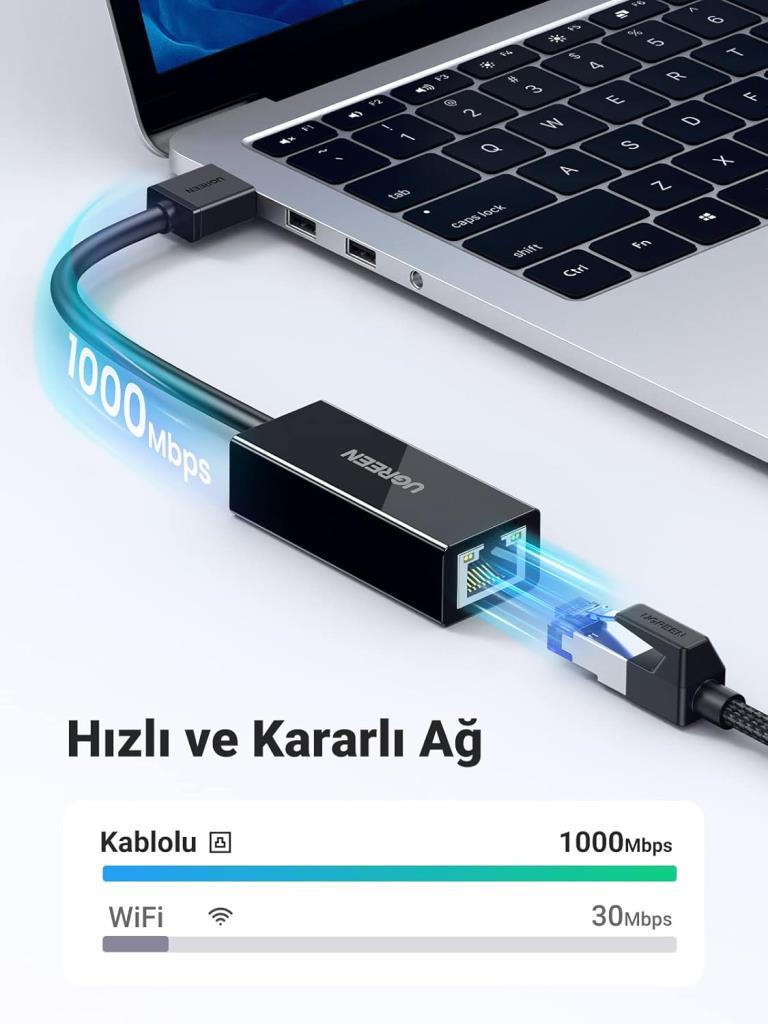 UGREEN Usb 3.0 Rj45 Ethernet Adaptörü 1000Mbps Mac Os Ile Uyumlu Windows 10 8 7 Linux Pc Dizüstü Bilgisayar Switch Vb. (Siyah)