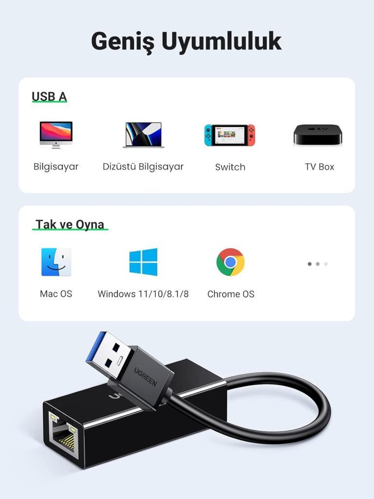 UGREEN Usb 3.0 Rj45 Ethernet Adaptörü 1000Mbps Mac Os Ile Uyumlu Windows 10 8 7 Linux Pc Dizüstü Bilgisayar Switch Vb. (Siyah)