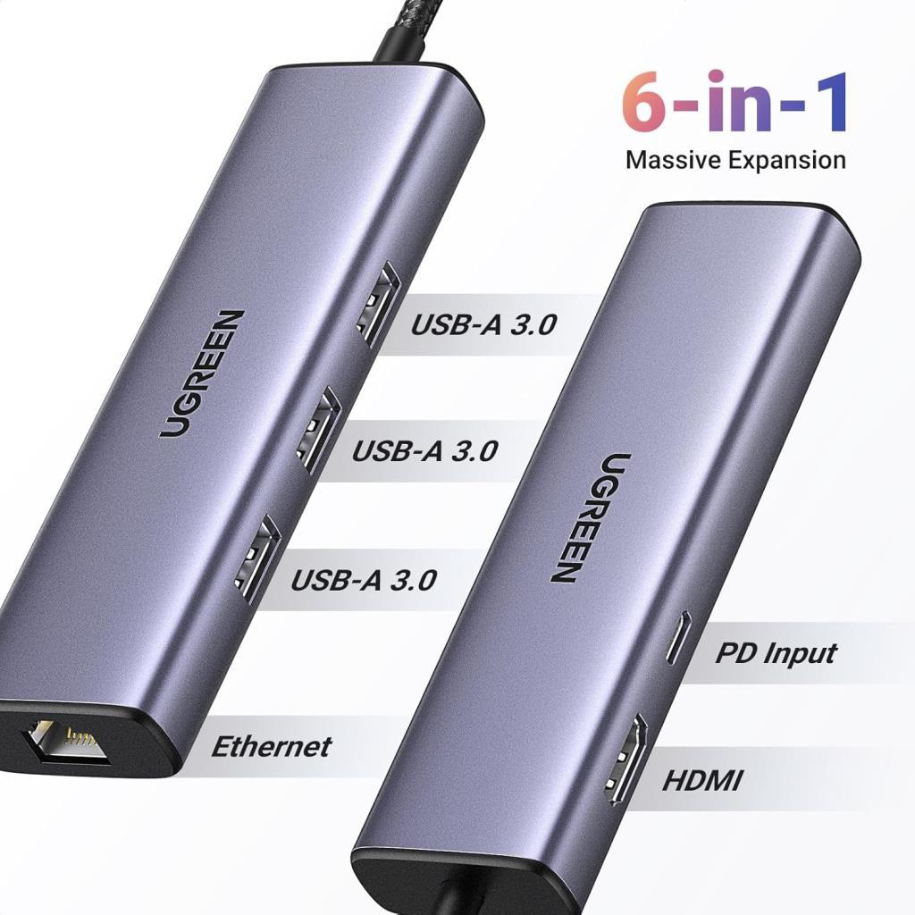 UGREEN USB C Bağlantı İstasyonu, 4K HDMI, Ethernet, PD 100W, 3 USB A 3.0 USB C Hub 5Gbps MacBook Pro/Air, iPad Pro/Air, Surface