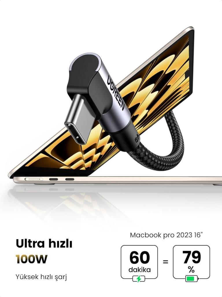 Ugreen Type-c to Type-c 2 m 100 W 5A Örgülü 90 Derece Şarj Kablosu - Teşhir