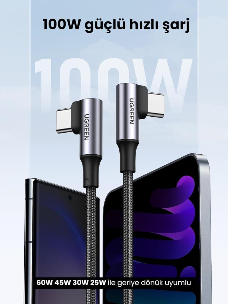 Ugreen Type-C to Type-C 100W 5A Örgülü 90 Derece Şarj Kablosu 1 Metre - OUTLET
