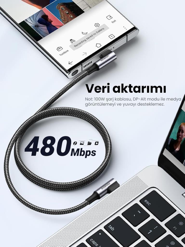 Ugreen Type-C to Type-C 100W 5A Örgülü 90 Derece Şarj Kablosu 1 Metre - OUTLET