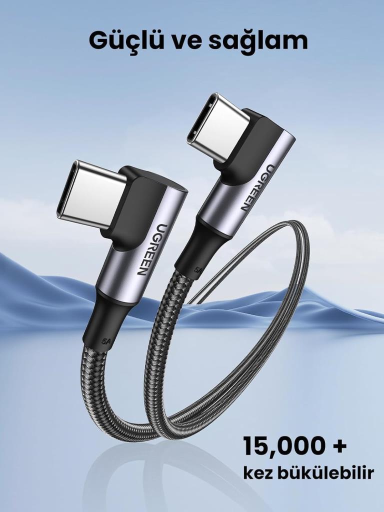 Ugreen Type-C to Type-C 100W 5A Örgülü 90 Derece Şarj Kablosu 1 Metre - OUTLET