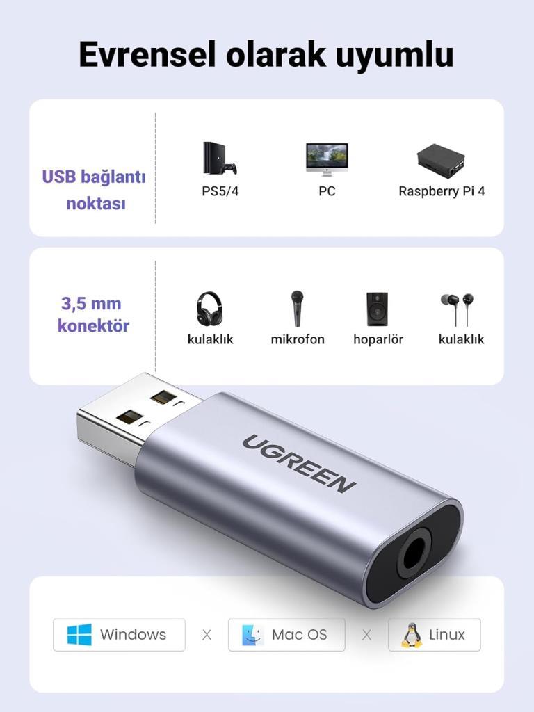 UGREEN USB Ses Kartı USB'den Aux Ses Mikrofon Adaptörüne Harici Stereo Ses Kartı USB'den 3.5mm'ye TRRS Kulaklık Jakı Dönüştürücü PC, MacBook, PS, Raspberry Pi, Kulaklık, Hoparlör Outlet