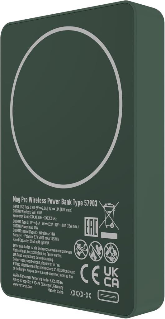 VARTA Mag Pro Manyetik Powerbank 5.000 mAh USB-C, MagSafe ve Qi Uyumlu, Yeşil